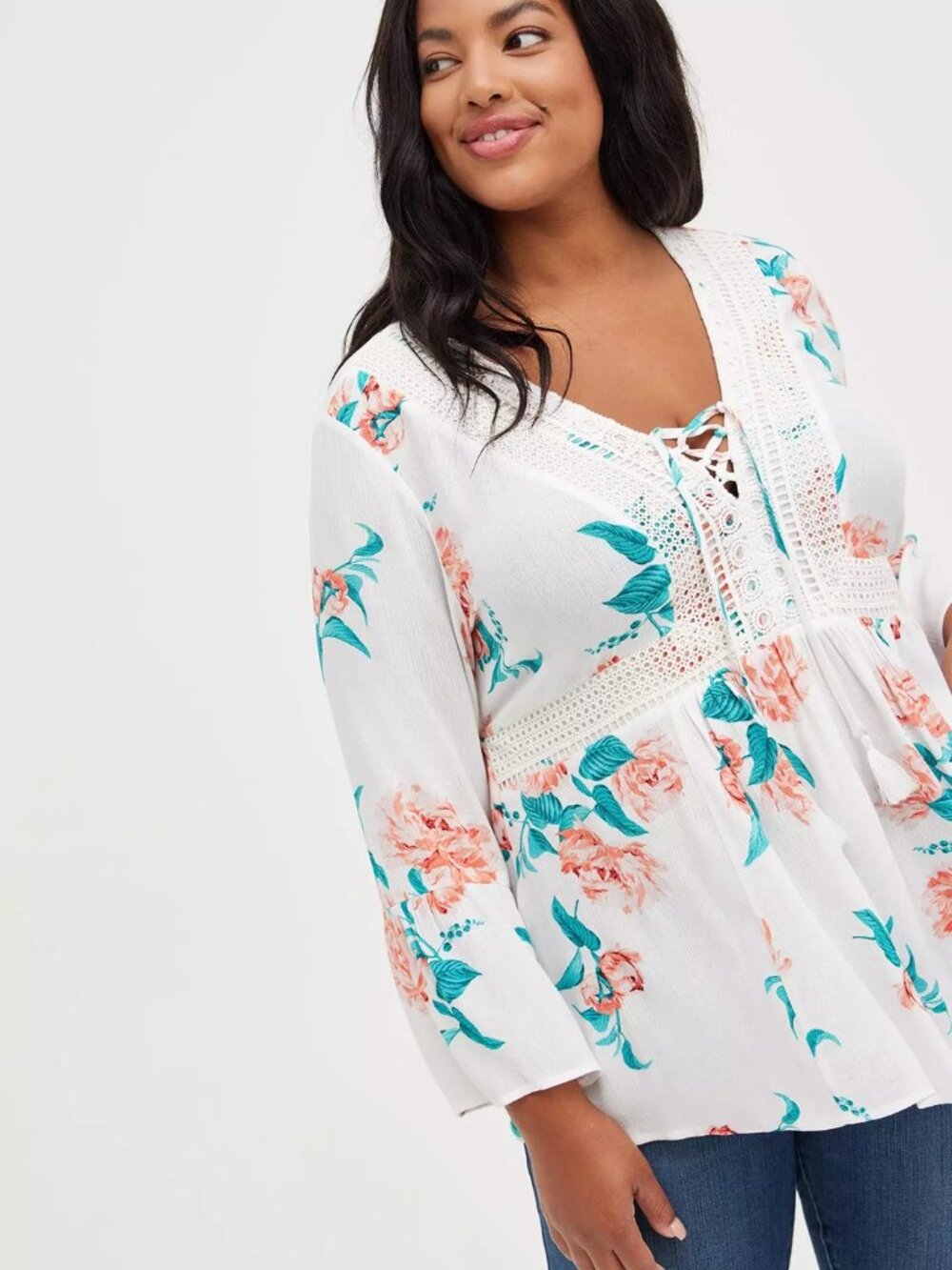 Torrid NWT Babydoll Gauze Crochet Trim Lace-Up Top in Rainbow Flowers size 3X
